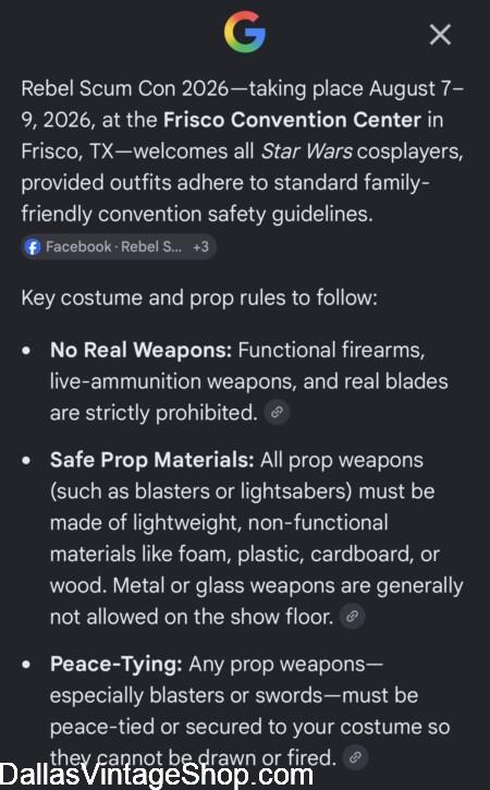 Rebel Scum Con General Costume Rules: Get Suggested GENERAL COSTUME REGULATIONS for 2026 Rebel Scum Con. Info & Costume Ideas provided by Google AI & Dallas Vintage Shop.
