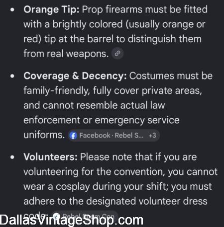 Rebel Scum Con 2026 General Costume Rules: HERE are some Suggested GENERAL COSTUME REGULATIONS for Rebel Scum Con from Google AI & Dallas Vintage Shop. Rebel Scum Con 2026 General Costume Rules: Get Suggested GENERAL COSTUME REGULATIONS for Rebel Scum Con from Google AI & Dallas Vintage Shop.