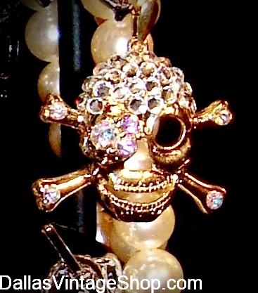 LADIES PIRATE JEWELRY: Rhinestone Encrusted Crossbones & Skull Bracelets, Earrings, Necklaces & Medallions. We have Gold, Silver, Pearls & Rhinestones for any & every Pirate Girls Dreams at Dallas Vintage Shop.
