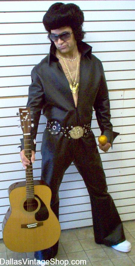 ELVIS BLACK LEATHER: Get many Elvis Outfits at DVS. Here is one of them. King of Rock & Roll Pleather Jump Suit, Elvis Wig, Elvis Sun Glasses, Gold Eagle Necklace, Elvis Wide Belt, Microphone & Guitar.