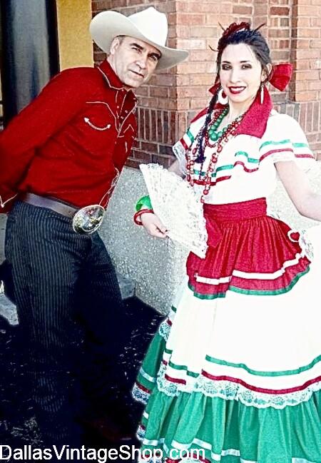 Cinco de Mayo couples folklore dance costumes in many colors and styles. Get Mexican Fiesta Costumes and Clothing at Dallas Vintage Shop.