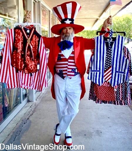 Memorial Day 2026 Costumes: Shown here are Uncle Sam, Patriotic Forefathers, Revolutionary War Costumes & some Modern Patriotic Attire that can be found at Dallas Vintage Shop. Memorial Day 2026 Costumes: Get Uncle Sam, Patriotic Forefathers, Revolutionary War Costumes & Modern Patriotic Attire at Dallas Vintage Shop.