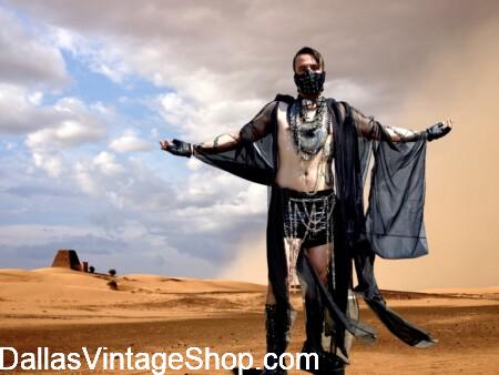 BURNING MAN DESERT NOMADS: Get very Stylized Daytime Nomad or Arab Bedouin Light & Breezy Fantasy Outfits with Night Time Robes, Cloaks, Scarves in Layered, Warm Insulating Nomadic Attire at Dallas vintage Shop.