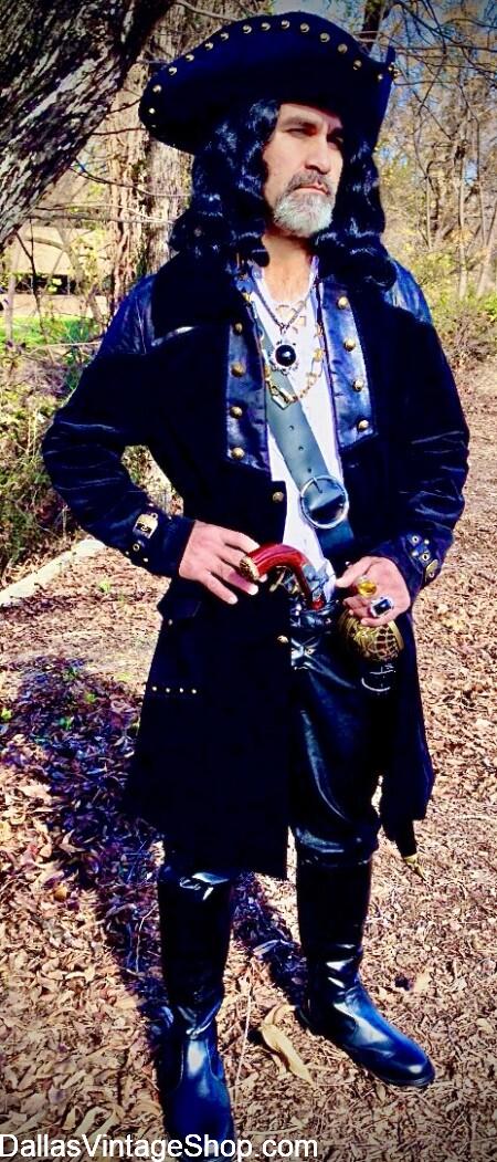 PIRATE OUTFITS: Get Long Pirate Coats, Leather, Suede, & Faux Pirate Hats, Curly Pirate Wigs, & Pirate Rings at Dallas Vintage Shop.
