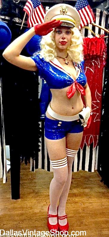 AMERICA 250 July 4th 2026 PATRIOTIC PINUPS: "Ten-hut!" Get this Sequin, 2 Piece, Pinup Outfit, shown here, for Happy Birthday America 250 Celebrations. We have many other Unique Patriotic Costumes at Dallas Vintage Shop. AMERICA 250 PATRIOTIC PINUPS:"Ten-hut!" Get this July 4th 2026 Sequin, 2 Piece Pinup Outfit. Happy Birthday America 250 Celebration Outfit & other Pinup Costumes at Dallas Vintage Shop.
