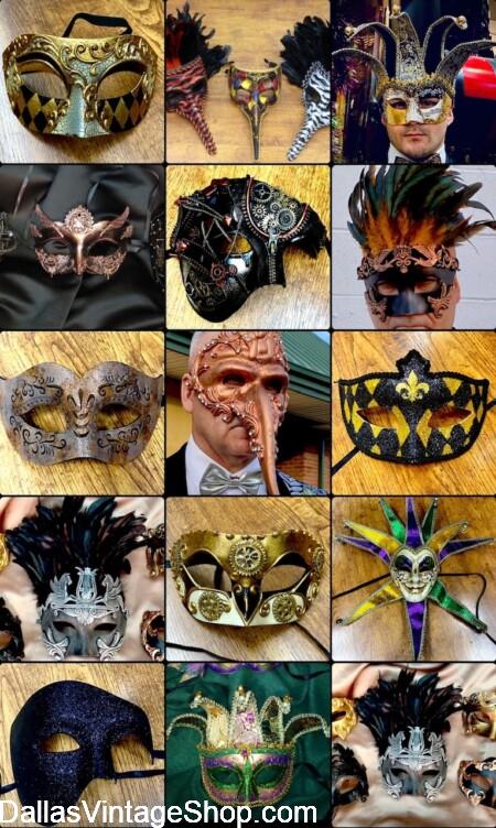 MASQUERADE MEN'S MASK SELECTION: Get Venetian, Greco Roman, Mardi Gras NOLA Style & More than you can Imagine at Dallas Vintage Shop.