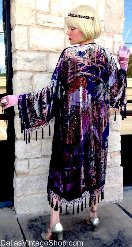 In Stock: long beaded 20's evening jackets, elegant burn out velvet wraps & shawls, opulent 1920's beaded gowns & formal vintage attire.