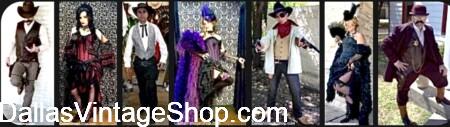 Wild West Men's Costumes: Get Real Gun Belts & Holsters, Replica Quality or Toy Pistols, Leather Western Vests, Railroad Striped, Pants with Keepers, Vests, Long Coats & Sack Coats, Vintage Cowboy Boots, Wild West Original Creased Hats, Top Hats, Bowlers, Wild West Bandanas, Neckerchiefs & Wild Rags, Dressy, Fancy or Crude Banded Collar Shirts and more for, Gunslingers, Sheriffs & Towns Persons. Reenactments, Theatrical & Cowboy Costumes are plentiful at Dallas Vintage Shop.