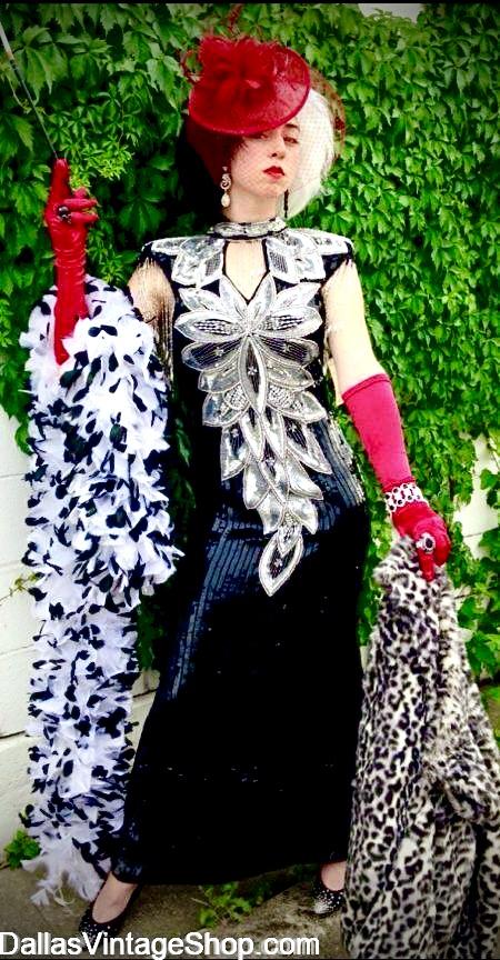 FAN EXPO 2026 COSTUME IDEAS: Get Costumes & Ideas from many CATEGORIES of Costumes. Here is Formal Cruella de Vil Gala Outfit for a Prestigious Gala Fundraiser Event. At Dallas Vintage Shop you can create the Costume of Your Dreams.