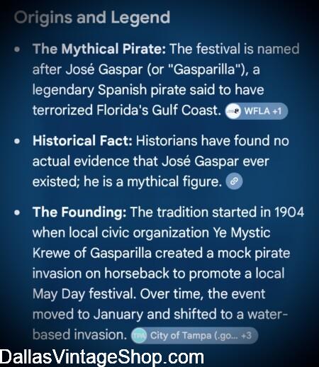 GASPARILLA PIRATE FESTIVAL ORIGINS & LEGENDS: Get Event Information & Quality Pirate Festival Outfits, Gear, Weapons, Hats & Pirate Bling at Dallas Vintage Shop,