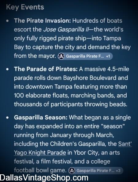 GASPARILLA PIRATE FESTIVAL KEY EVENTS: Get Details & Unlimited Pirate Festival Outfits, Gear, Weapons, Hats & Pirate Bling at Dallas Vintae Shop,