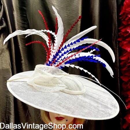 AMERICA 250 LADIES HATS: Shown here are Unlimited Choices, Fascinators, Oversized Hats, Embellished or Basic, with Red, White, & Blue Feathers, Bows or Flowers Added at Dallas Vintage Shop. AMERICA 250 LADIES HATS: We have Unlimited Choices, Fascinators, Oversized Hats, Embellished or Basic, with Red, White, & Blue Feathers, Bows or Flowers Added at Dallas Vintage Shop.