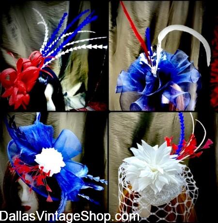 NOW TRENDING PATRIOTIC FASCINATORS & HATS, shown here, for AMERICA 250 & 4TH OF JULY 2026 from Dallas Vintage Shop. NOW TRENDING PATRIOTIC FASCINATORS & HATS for AMERICA 250 & 4TH OF JULY 2026 from Dallas Vintage Shop.