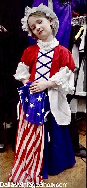 PATRIOTIC CHILDREN'S COSTUMES: America 250 Outfits, July 4, 2026, Betsy Ross, Kid's Historical Characters, US First Ladies, US Presidents and more at Dallas Vintage Shop.
