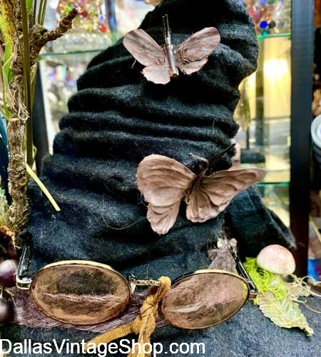 UNIQUE WITCH HAT IDEAS: Get Unique OOAK Custom Creations, like this Apothecary Witch Hat with little Moths & Mushrooms. Costume Creations are always in stock at Dallas Vintage Shop. UNIQUE WITCH HAT IDEAS: Unlimited Creativity, Apothecary Witch Hats & Costume Creations from Dallas Vintage Shop.