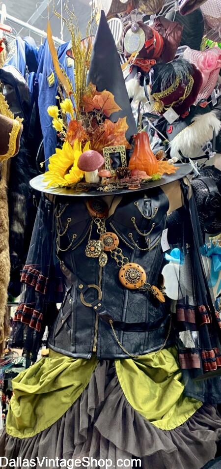 AUTUMN WITCH HAT: Invite all your Country & Cottage Witch Neighbors over some "Double, double, toil and trouble..." But first, drop by Dallas Vintage Shop for some fresh Witchy Threads and a Showy New Witch Hat. We have a Variety of Amazingly Detailed, Country Cottage Witches Hats & Costumes. AUTUMN WITCH HAT: We have a Variety of Country Cottage Detailed Witches Hats & Costumes Too.