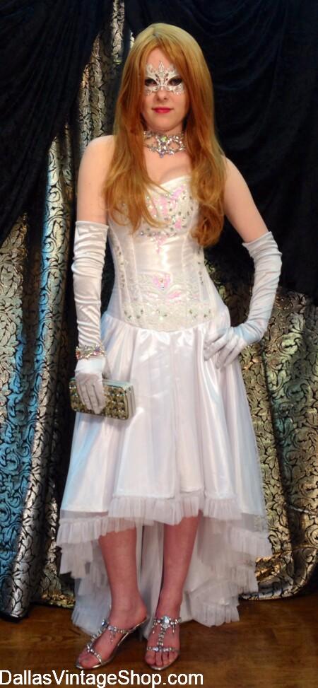 Contemporary Ladies Masquerade Ball Gown & all the Masks, Gloves & Accessories are at Dallas Vintage Shop.