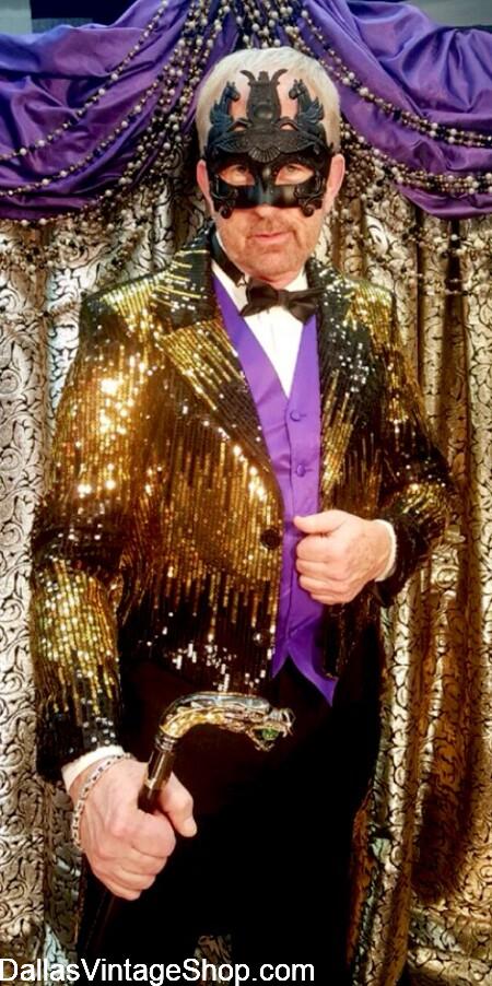 Men's Flashy Sequin Tail Coats for Masquerade Balls, NYE Parties & Gala Events are at Dallas Vintage Shop.