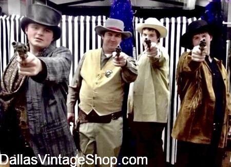 OLD WEST MEN'S COSTUMES: Cowboys, Gunslingers & Drifters. Old West Garb, Clothing, Hats, Gun Belts, Replica Pistols, Vests, Sack Coats & more at Dallas Vintage Shop.