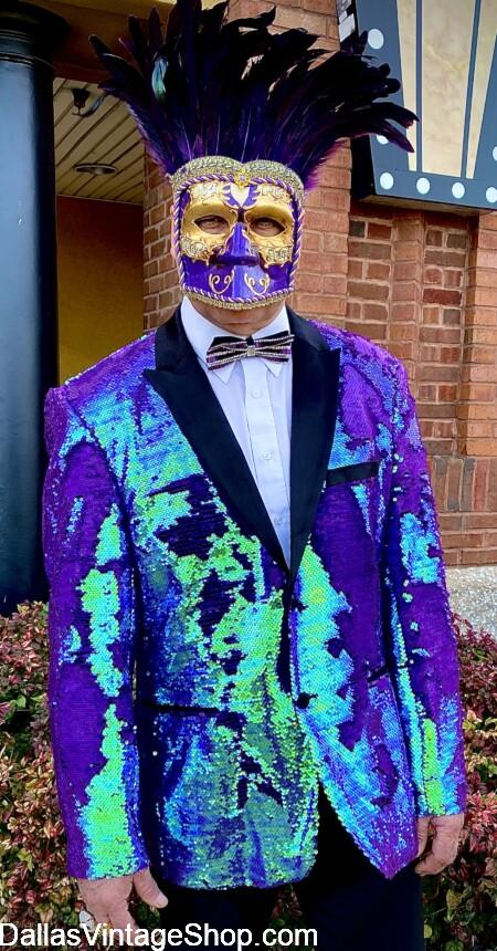 MEN'S MASQUERADE MASKS & SEQUIN BLAZERS: Get these Flamboyant Masquerade Ball Men's Outfits are at Dallas Vintage Shop.