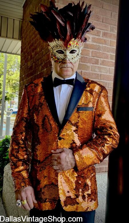 MEN'S MASQUERADE MASKS & BLAZERS: Killer Masquerade Ball Men's Outfits are at Dallas Vintage Shop.