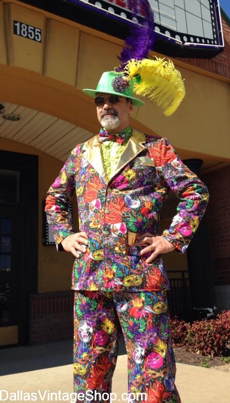 FAT TUESDAY 2026: We have Fat Tuesday Costumes like this festive purple, green & gold, lume & sequine outfit is topped off with a Mardi Gras Mask, oversized beads and excellent Mardi Gras jewelry. Fat Tuesday Costumes are abundant at Dallas Vintage Shop.