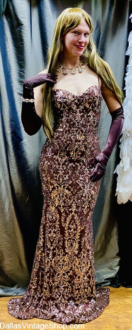 PROM 2026 DRESSES: Racks & Racks, Huge Variety, Glamorous, Sleek & Unique Prom Gowns like this Gorgeous Gold Sparkly Gown at Dallas Vintage Shop.