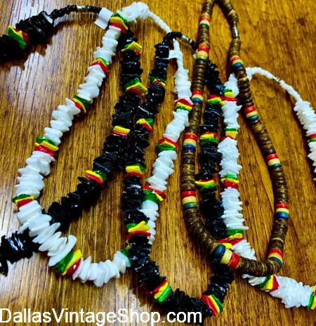 RASTAFARIAN COSTUME JEWELRY: Shown here are some Rasta Puka Necklaces we keep in stock. Find other Red, Green & Yellow; Bracelets, Chokers & Necklaces at Dallas Vintage Shop. RASTAFARIAN COSTUME JEWELRY: Get Rasta Puka Necklaces: Red, Green & Yellow; Bracelets, Chokers & Necklaces at Dallas Vintage Shop.