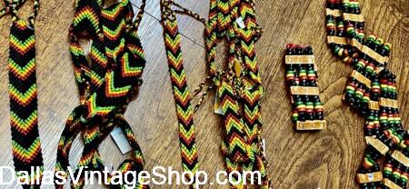 Rastafarian: Costumes & Jewelry: Shown here is some of our Rasta: Red, Yellow & Green Chokers, Bracelets & Rasta Peace Sign Necklaces from Dallas Vintage Shop. Rastafarian: Get Costumes & Jewelry: Red, Green & Green Chokers, Bracelets & Rasta Peace Sign Necklaces at Dallas Vintage Shop.