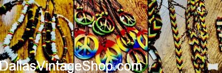 BOB MARLEY: Get Reggae, Rastafarian Jewelry & Costumes, Red, Green & Yellow Necklaces & Bracelets at Dallas Vintage Shop.