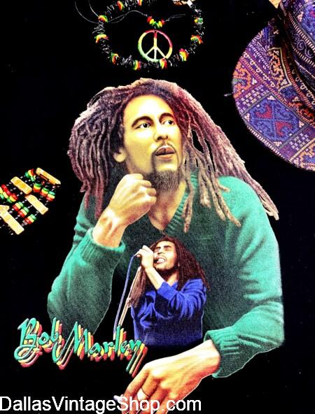 BOB MARLEY: Get Complete Reggae & Rastafarian Costumes, Reggae Band Outfits, Concert T-Shirts, Red Green & Yellow Black Pride Attire & Jewelry at Dallas Vintage Shop.