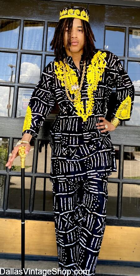 JUNETEENTH MEN'S OUTFITS: Get 2 Pc. Suit w/Kofi, Jewelry and more African Mens Attire at Dallas Vintage Shop.