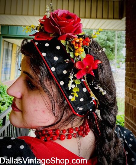 NATIONAL POLKA FESTIVAL OUTFITS: We have Hair Adornments, Braids, Floral & Ribbon Halos & Costume Ideas at Dallas Vintage Shop.