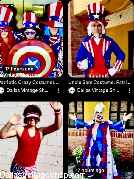 JULY 4 2026 AMERICA 250 WILD COSTUMES: Shown here are a few of our Wild & Crazy, Elaborate, Whimsical, Attention Getting Patriotic Costumes from Dallas Vintage Shop. JULY 4 2026 AMERICA 250 WILD COSTUMES: Get Wild & Crazy, Elaborate, Whimsical, Attention Getting Patriotic Costumes at Dallas Vintage Shop.