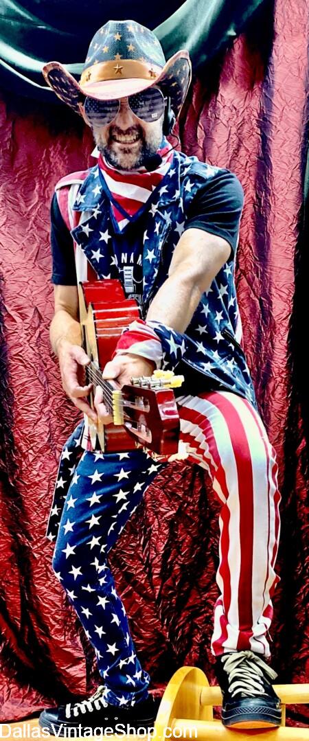 AMERICA 250 CRAZY COSTUMES: Shown here is one of our Patriotic Rock n' Roller Outfits. Get Wild Pop Stars & High Quality, Celebrity Status Getups at Dallas Vintage Shop. AMERICA 250 CRAZY COSTUMES: Get Patriotic Rock n' Rollers, Pop Stars & Wild High Quality, Celebrity Status Getups at Dallas Vintage Shop.