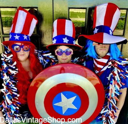 AMERICA 250 CRAZY COSTUMES: Shown here are a few of our Elaborate, Whimsical, Attention Getting Patriotic Costumes, Hats, Glasses & Boas from Dallas Vintage Shop. AMERICA 250 CRAZY COSTUMES: Get Elaborate, Whimsical, Attention Getting Patriotic Costumes, Hats, Glasses & Boas at Dallas Vintage Shop.