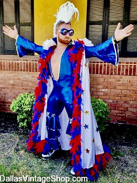 AMERICA 250 CRAZY COSTUMES: July 4, 2026, Shown here is our Patriotic, Pimpin' Pro Wrestler Outfit. You could get other Wild & Crazy Patriotic Outfits, Insane Ideas, Unique, Extravagant, Celebrity Status Getups, Feathers, Sequins, Hats & Clothing at Dallas Vintage Shop. AMERICA 250 CRAZY COSTUMES: July 4, 2026, Get Patriotic, Pimpin' Pro Wrestler Outfit or other Wild & Crazy Patriotic Outfits, Insane Ideas, Unique, Extravagant, Celebrity Status Getups, Feathers, Sequins, Hats & Clothing at Dallas Vintage Shop.