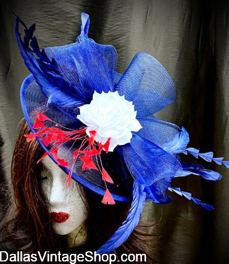 JULY 4TH DRESSY HATS & FASCINATORS: Shown here is one of our Very Pretty, America's 250th Anniversary Fashionable & Trendy, Fascinator. We also have Large Brim, RW&B, Couture Hats at Dallas Vintage Shop. JULY 4TH DRESSY HATS & FASCINATORS: Get Very Pretty, America's 250th Anniversary Fashionable & Trendy, Fascinators & Large Brim Couture Hats from Dallas Vintage Shop.