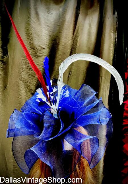 JULY 4TH FANCY FASCINATOR'S: We have Absolutely Gorgeous, RW&B Designs. Get ready for America's 250th July 4, 2026. Dallas Vintage Shop has Unlimited Styles in Stock.