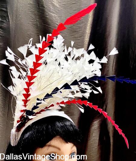 PATRIOTIC COUTURE FASCINATORS:Shown here is one example from our Unlimited America's 250th Designs. Get RW&B Stylish Creations, Customized, Embellished, Unique, Artistic, in stock now at Dallas Vintage Shop. PATRIOTIC COUTURE FASCINATORS: Get Unlimited America's 250th Designs, RW&B Stylish Creations, Customized, Embellished, Unique, Artistic, in stock now at Dallas Vintage Shop.