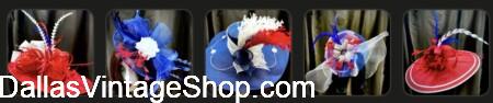 AMERICA 250 LADIES HAT COLLAGE: See our Unlimited Patriotic Hat & Fascinator Collection for the 4th of July, 2026 from Dallas Vintage Shop.