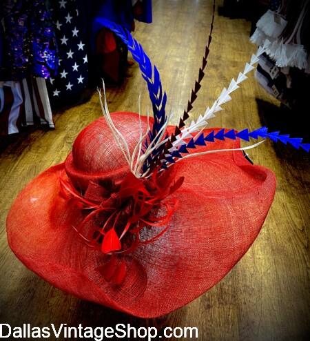 JULY 4TH BEAUTIFUL HATS: Here we show one of our Ladies Stunning RW&B Hat Designs. You can get Large Brim Patriotically & Tastefully Created. They are Sophisticated, and we also have Fascinators at Dallas Vintage Shop. JULY 4TH BEAUTIFUL HATS: Get Ladies Stunning RW&B Designs, Large Brim Patriotically & Tastefully Created, Sophisticated, and we have Fascinators at Dallas Vintage Shop.