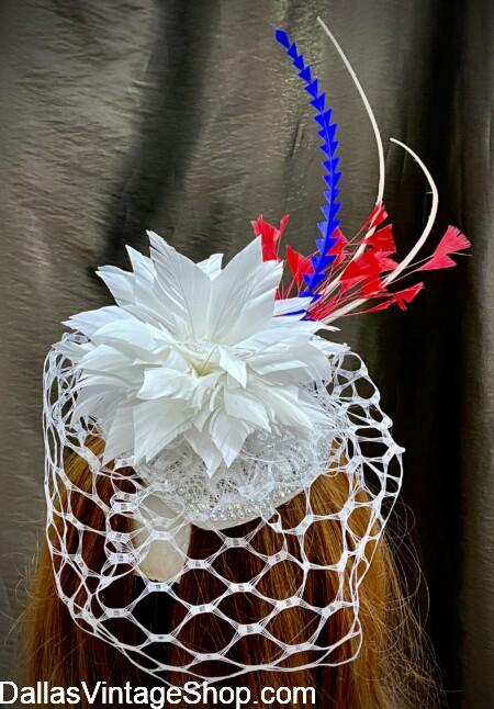 PATRIOTIC LADIES FASCINATORS: Whimseys, Church Lady Hats & Derby Dame Hats Customized & Embellished at Dallas Vintage Shoo.