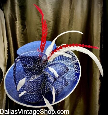 LADIES PATRIOTIC DERBY HATS: Shown here is one or our Highly Fashionable; Red, White, & Blue; Latest Style Large Brim Derby Hat. We have Bodacious or Sophisticated, Embellished or Refined Chapeaus at Dallas Vintage Shop. LADIES PATRIOTIC DERBY HATS: Get Highly Fashionable; Red, White, & Blue; Latest Styles, Bodacious or Sophisticated, Embellished or Refined at Dallas Vintage Shop.