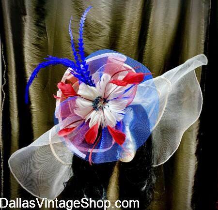 PATRIOTIC AMERICA 250 HATS:: Shown here are PATRIOTIC 4th of July HATS. We have an Unbelievable Selection of Fascinators or Large, Embellished or Basic Hats. We can add Red, White, & Blue Feathers, Bows, & Flowers at Dallas Vintage Shop