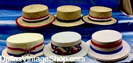 4th of July Men's Traditional PATRIOTIC HATS: Here are some of our Skimmers, sometimes called a Boaters, Politician, or Presidential Campaign Hat. Get them at Dallas Vintage Shop. 4th of July Men's Traditional PATRIOTIC HATS: Skimmers, sometimes called a Boaters, Politician, or Presidential Campaign Hat. Get them at Dallas Vintage Shop.