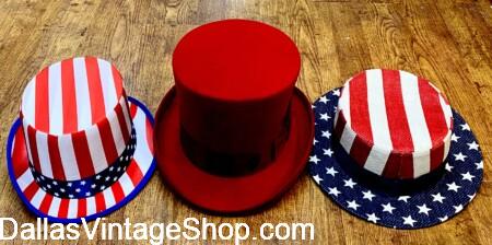 AMERICA'S 250TH BIRTHDAY HATS: RW&B Skimmers, Top Hats & Party Hats.
