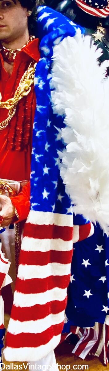 Extravagant AMERICA 250 OUTFITS: Get this RED, WHITE, & BLUE, Full Length AMERICAN FLAG Fur Coat. It's great for Hoochie Mamas too. It's available at Dallas Vintage Shop.