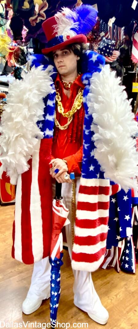 EXTREME AMERICA 250 OUTFITS: Shown here is our Proud Patriotic Pimp Daddy Outfit for July 4, 2026. We have PIMP & Pro Wrestler Outfits, Wild & Crazy Red, White, & Blue Costumes and other Insane Costume Ideas.