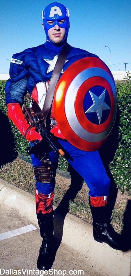 AMERICA 250 UNIQUE COSTUME IDEAS: Here we show you our Patriotic Captain America Costume. He's ready to defend & protect. Get this and other other Superheroes Costumes at Dallas Vintage Shop. AMERICA 250 UNIQUE COSTUME IDEAS: Patriotic Captain America, ready to defend & protect. Get this and other other Superheroes Costumes at Dallas Vintage Shop.